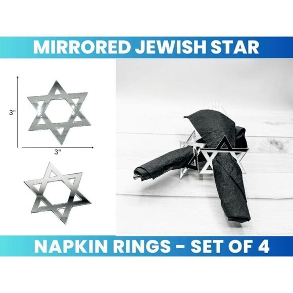 Silver Mirrored Jewish Star Napkin Rings - Picture 2 of 3